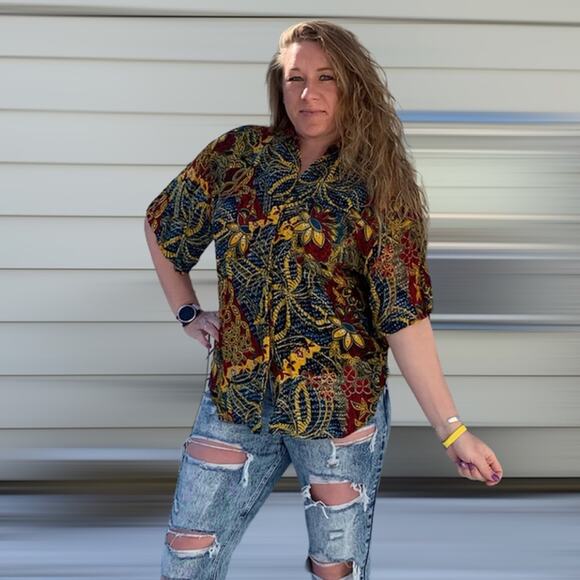 Vintage 90s Pioko abstract dark floral button down blouse LG - Picture 2 of 6